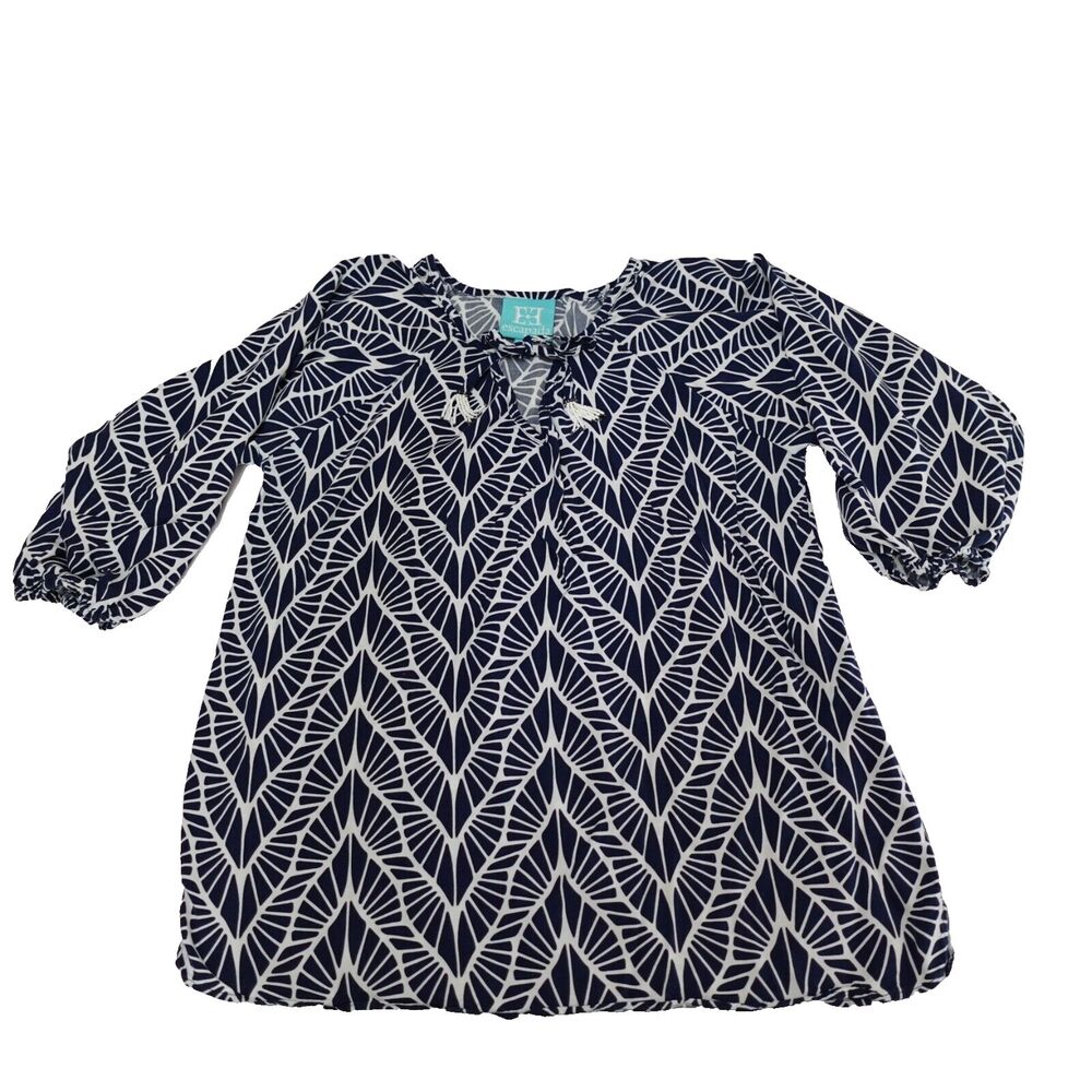Escapada Blouse Womens Large 3/4 Sleeve Top Navy Blue & White Pattern Career